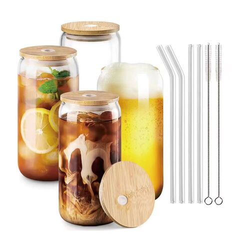 Drinking Glasses With Bamboo Lids And Glass Straw - 550ml Can
