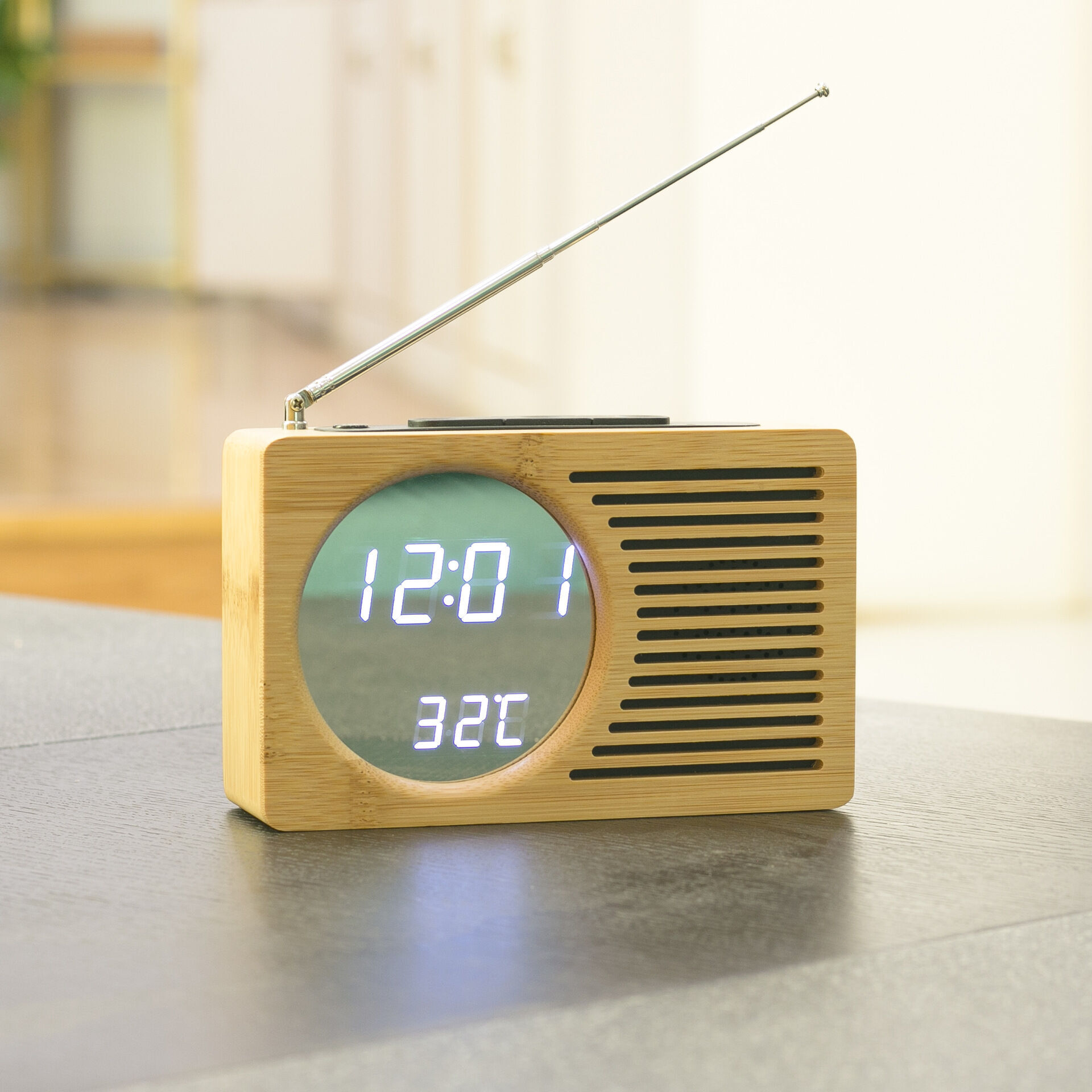 Reloj despertador Digital Radio Reloj de bambú FM Reloj LED Multifunción  Reloj despertador electrónico de madera Control de voz inteligente Medidor  de