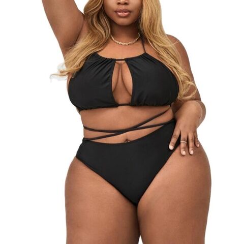 2021 New Arrive Sexy Solid Black Fat Women Hollow out Swimsuit Large Size Bandeau Swimwear Plus Size Thong Bikini China Wholesale Women Plus Size Thong Bikini Swimwear 5.5 from Xingcheng Summery Garme...