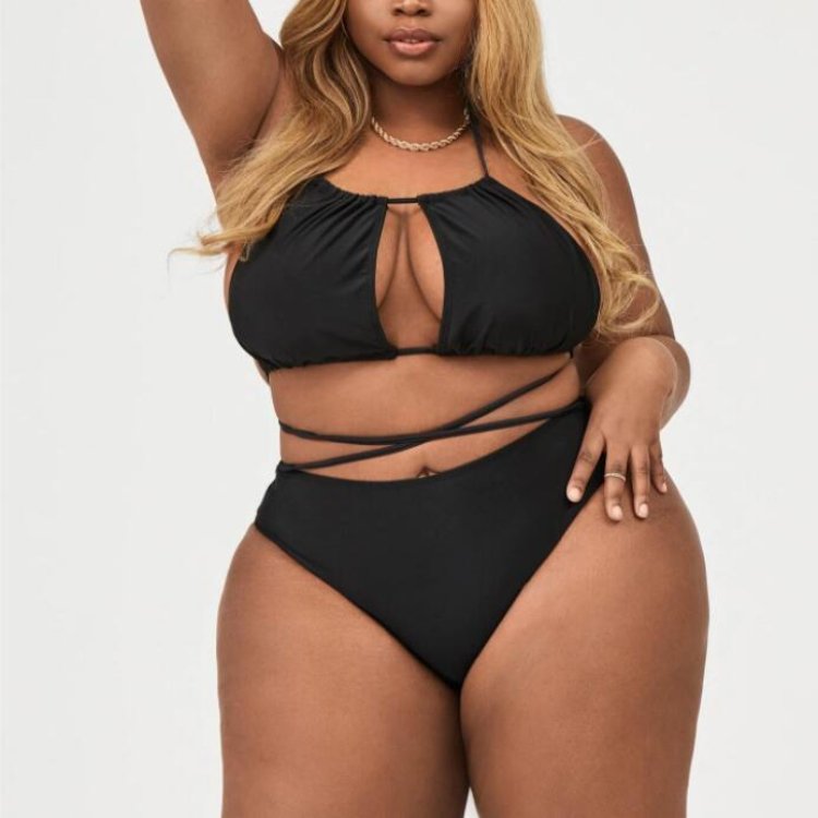 Plus Size Women Solid Color Backless Strapless Beach One Piece Swimsuit  Swimwear-Black