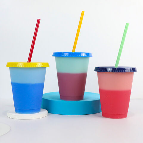 Color Changing Cups With Lids & Straws, 16 oz Plastic Cups With Lids &  Straws for Iced Cold Drinks Coffee Tea Smoothie Bubble Boba, Color Changing