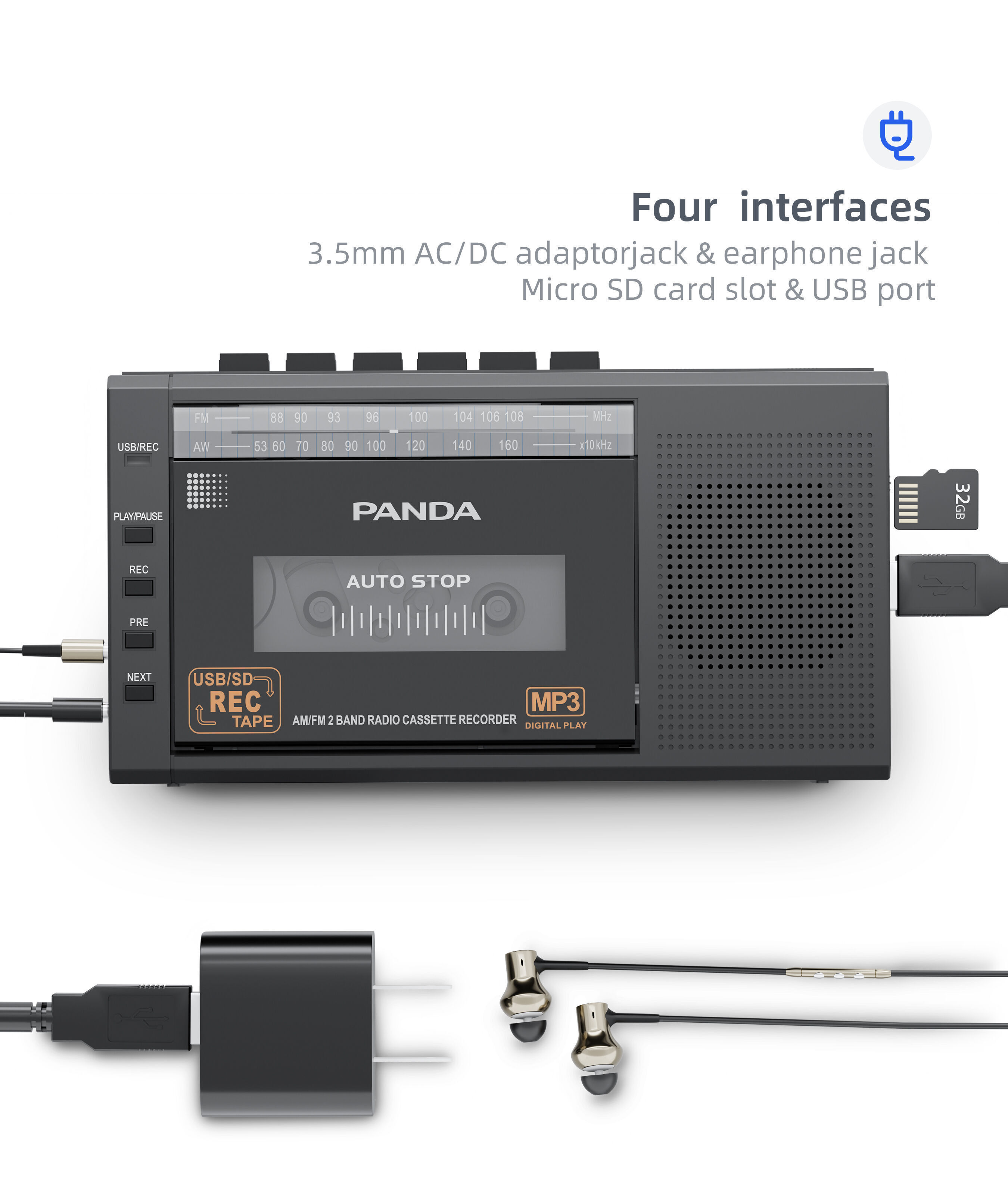 Lecteur et Enregistreur de Cassette Portable, Lecteur de Cassette Rétro AM  FM, avec Prise pour écouteurs 3,5 Mm, Prise en Charge USB, Carte TF, pour