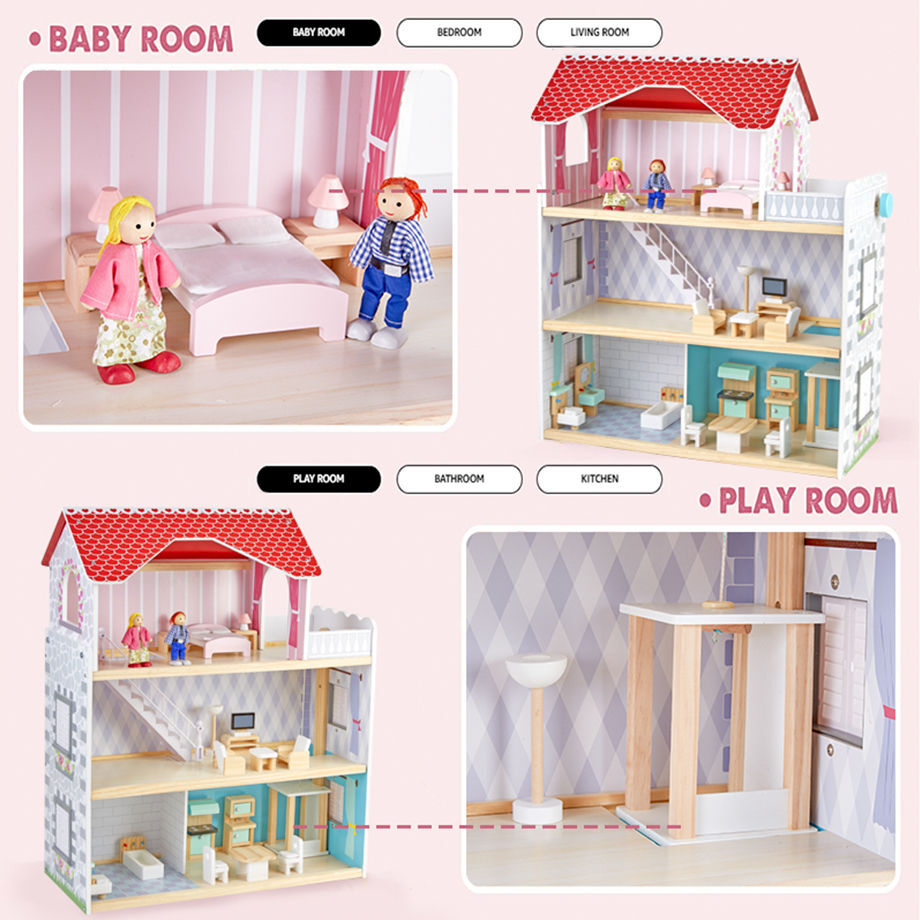 Hot Selling Large Doll House 3 Floors Big Wooden Kids Pretend Role Play ...