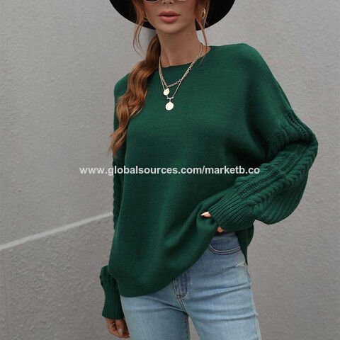 Feather Pattern V Neck Pointelle Knit Sweater, Elegant Long Sleeve Loose  Sweater For Spring & Fall, Women's Clothing