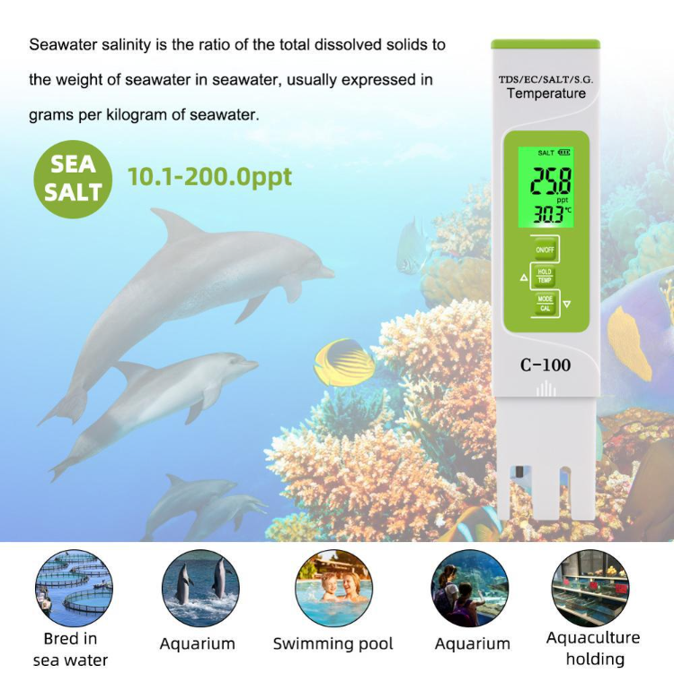 ESeasonGear SALT-3000 Digital Salinity Tester - Salt Water Pool & Koi Pond Salt Level Meter With Temperature Reading