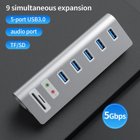Aluminium 5Gbps 5-Port USB 3.0 Hub mit TF/SD Kartenleser Kombinationen Audioeingang/-ausgang