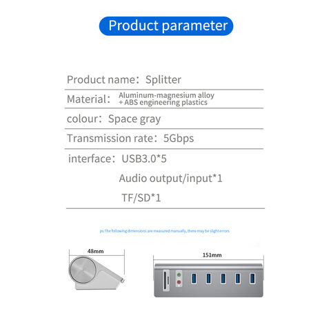 Aluminium 5Gbps 5-Port USB 3.0 Hub mit TF/SD Kartenleser Kombinationen Audioeingang/-ausgang
