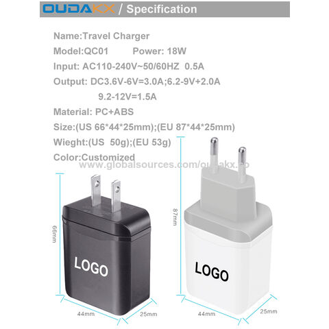 Carregador Universal Tomada US QC3.0 18W AC DC12V/1.5A para Smartphone - Carregamento Rápido