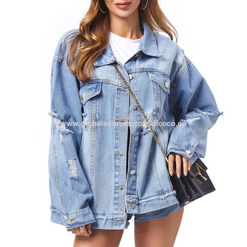 Frayed Washed Jean Jacket for Women Casual Loose Button Jean Coats Trendy  Oversized Boyfriend Denim Jackets Tops : : Clothing, Shoes 