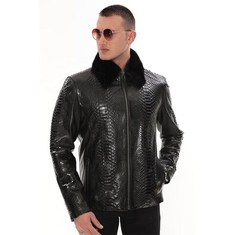 Men s Black Leather Biker Jacket With Snakeskin Python Embossed Sheepskin Leather Jacket And Black Faux Fur Collar Python Embossed Leather Jacket Snake Print Leather Snakeskin Python Embossed Leather ...