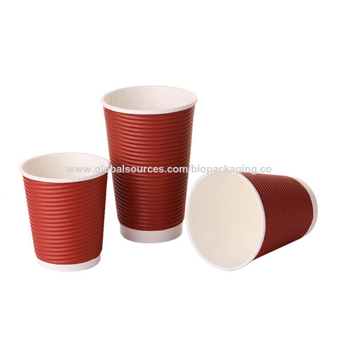 Disposable Coffee Cups w/ Dark Red Double Wall Insulated Ripple Sleeves  [500 Pieces]