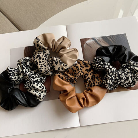 Chouchous en cuir à motif léopard pour cheveux, support de queue de cheval, élastiques à cheveux en gros
