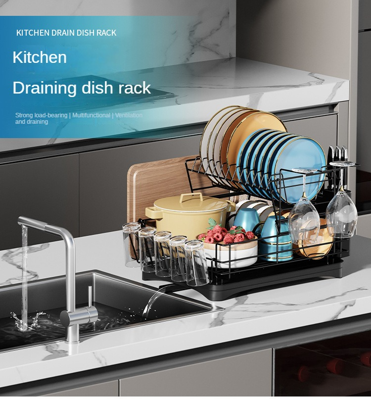 Kitchen Counter 2 Tier Black Dish Rack Wine Glass Utensil Holder ...