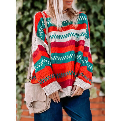 Pull tricoté rayé à col rond à manches longues pour femme, pull d'hiver  décontracté (multicolore : blanc, taille : moyen) : : Mode