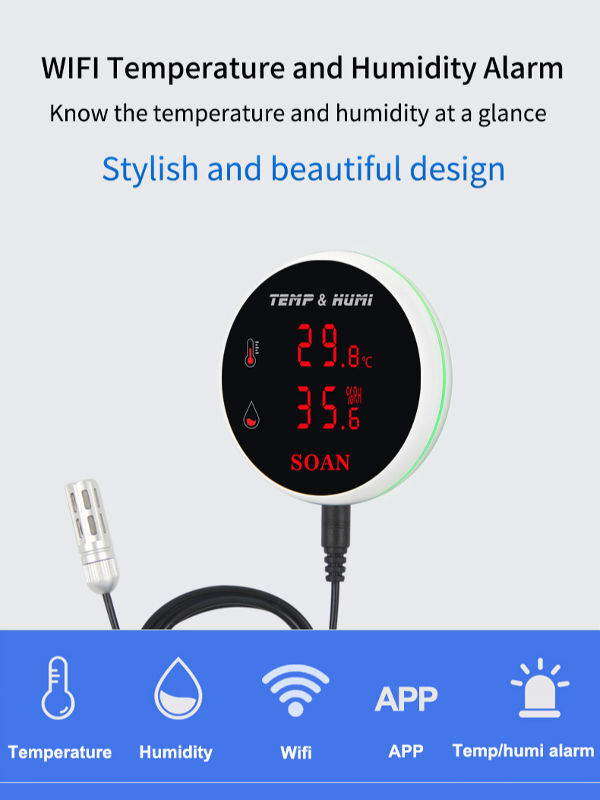 Alarma con sensor de humedad y temperatura WiFi: termómetro digital  higrómetro con sonda y batería recargable, alarma de zumbador y alertas de