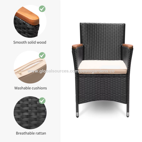 Ensemble de salle à manger pour patio extérieur Besto1 + 4 en osier et bois, chaises avec accoudoirs incurvés en bois et coussins