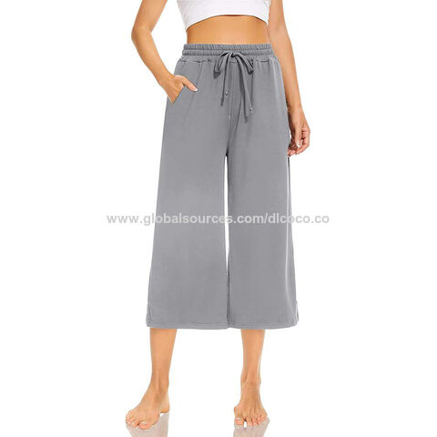 Women Wide Leg Sweatpants Linen Pants Women Capri High-Waisted Drawstring  Pants with Pockets Casual