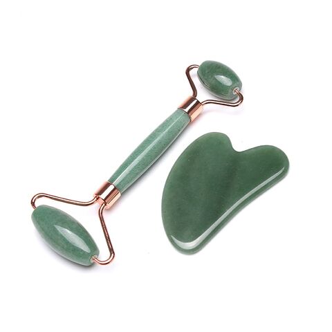 Rodillo de Jade de Cuarzo Rosa y Set de Gua Sha al por Mayor, Kit de Rodillo de Jade Antiedad, Set de Masaje de Piedra Guasha de Jade Natural