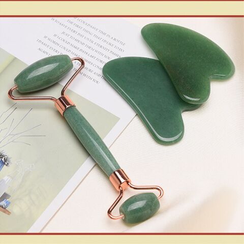 Rodillo de Jade de Cuarzo Rosa y Set de Gua Sha al por Mayor, Kit de Rodillo de Jade Antiedad, Set de Masaje de Piedra Guasha de Jade Natural