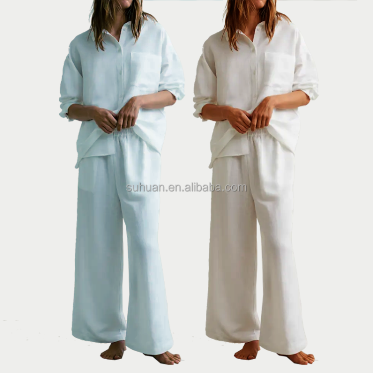 Oversized linen blouse and wide leg pants set
