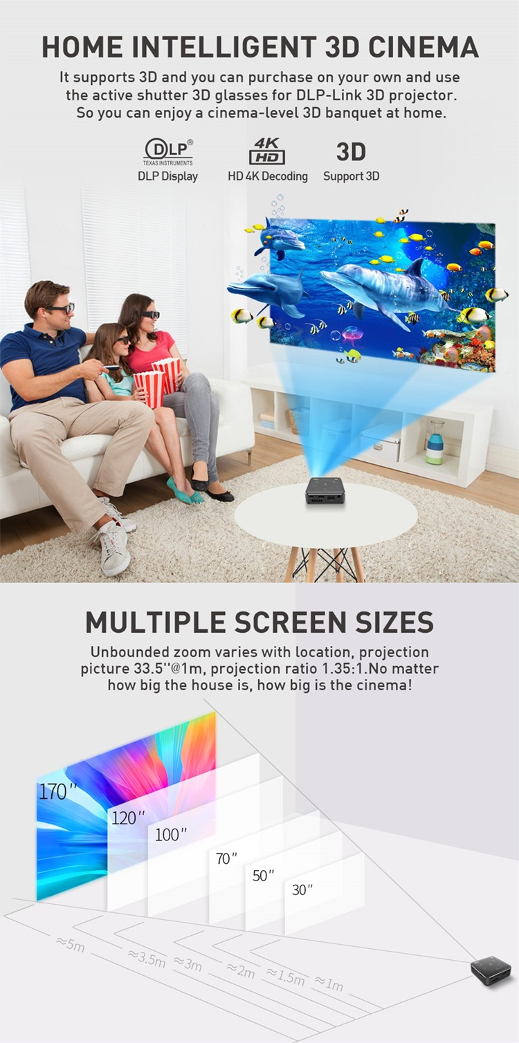 DLP P11 Newest Smart Pocket Mobile 3D Mini Projector Android 9.0 4K 3000mA  Home