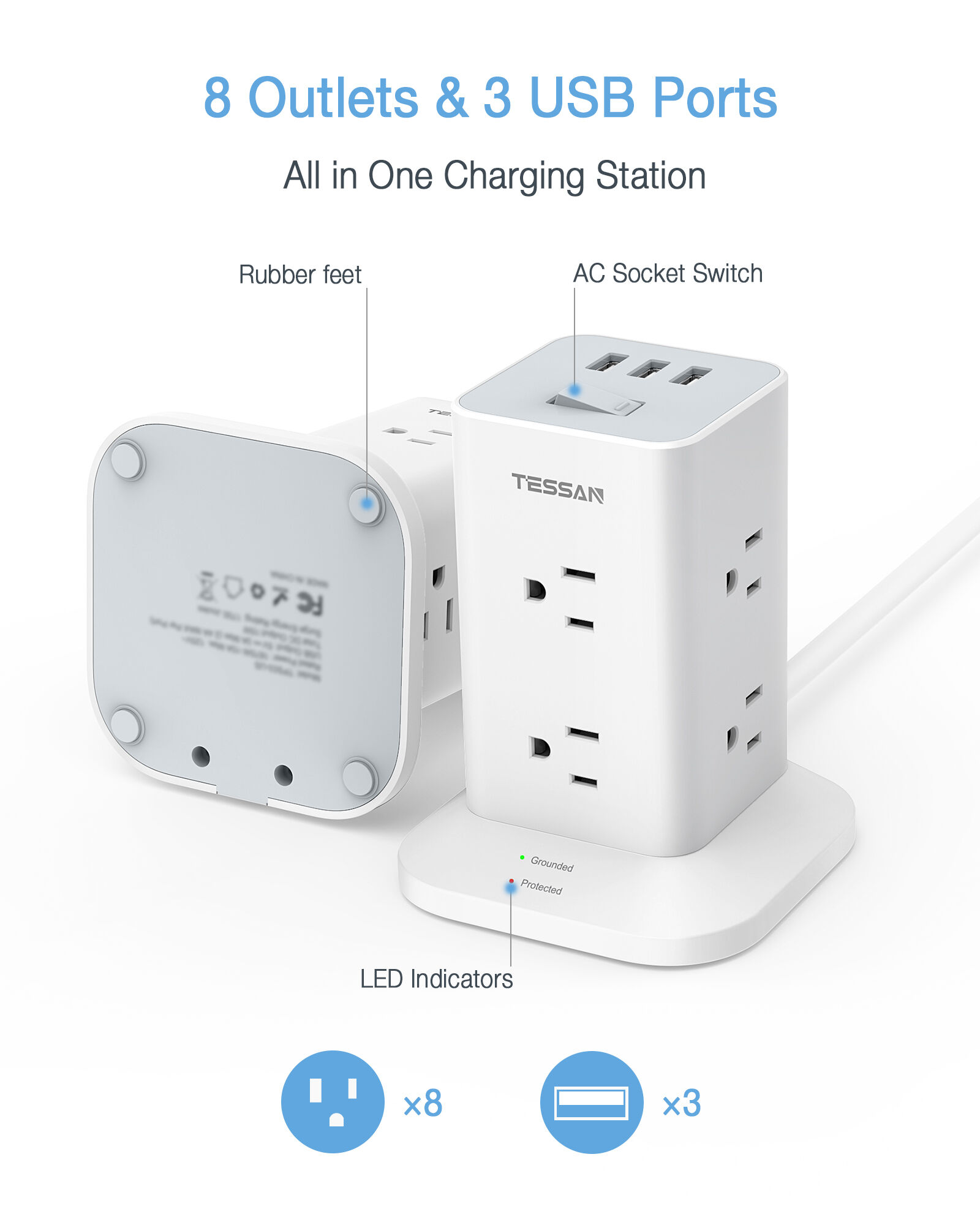 Comprar TESSAN Regleta extensora de enchufes europeos con 1/3 de salidas de  CA, 2 puertos de carga USB e interruptor de encendido/apagado Enchufe de  pared de la UE para el hogar, la