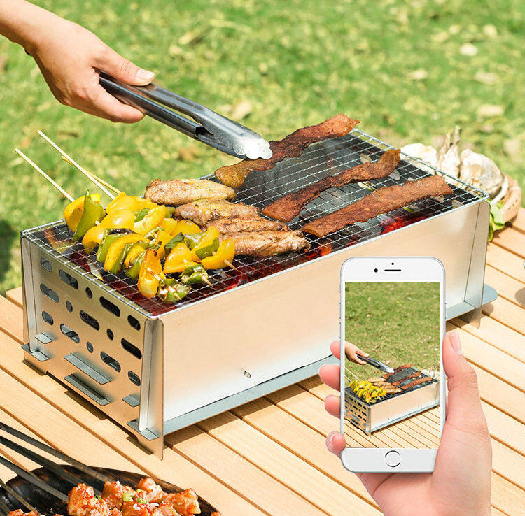 Mini Barbecue à charbon de bois pliable et Portable, en acier inoxydable,  fumoir pour la cuisine en plein air, pique-nique de Camping