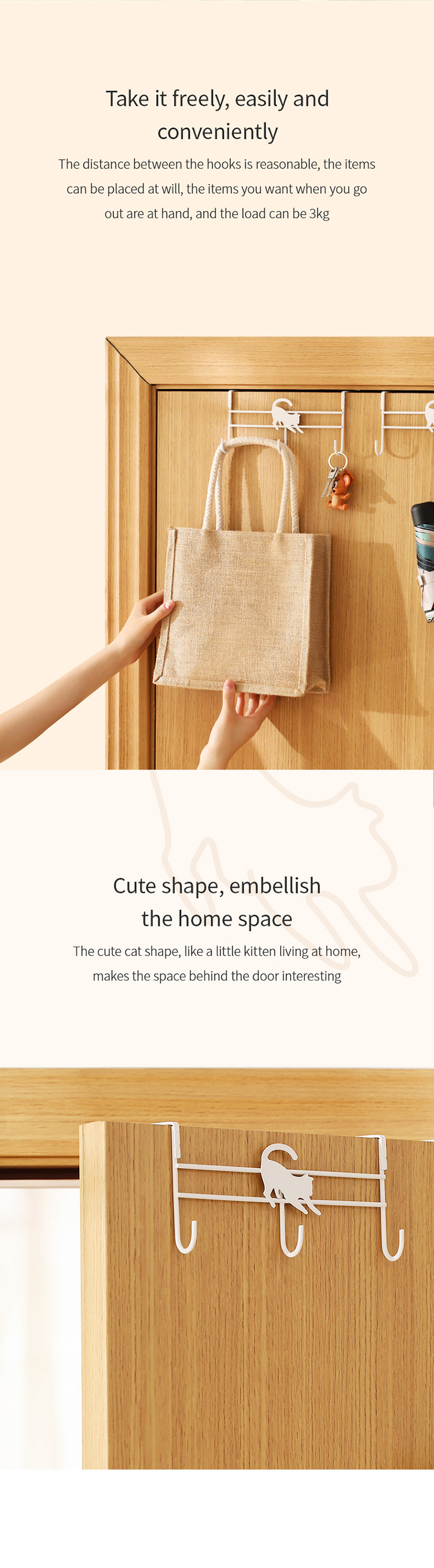 Fasola 3pcs Cute Cat Over Door Hook Door Hanger Towel Rack Coat