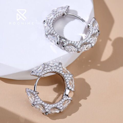 Sparkly Silver Huggie Earrings, Rhombus Earrings for Women, online 925 Sterling Silver Huggie Hoop Earrings, Zircon Dangle Charm Hoops Jewelry Gift