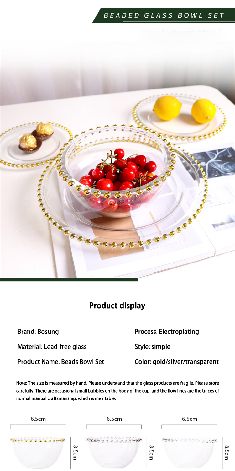 Golden Side Salad Bowl Large Glass Bowl Set Household Fruit Fishing Bowl  Dessert Bowl Nordic Creative