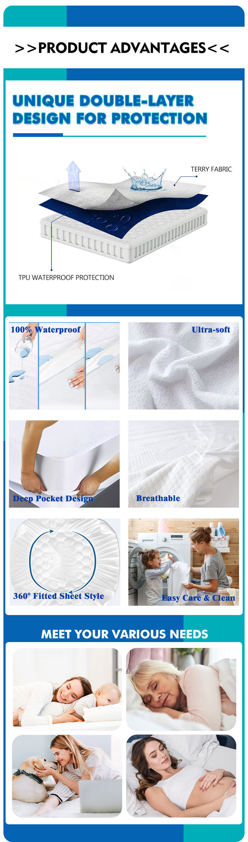 100%Cotton Loops Terry Waterproof Anti-Bed Bug Mattress Cover