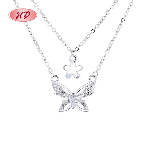Fashionable Animals Womens Cubic Zirconia Chain Butterfly Flower Double Layer 925 Sterling Silver Pendant Necklace For