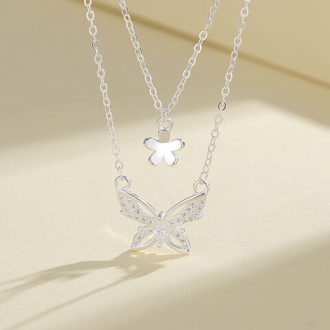 Fashionable Animals Womens Cubic Zirconia Chain Butterfly Flower Double Layer 925 Sterling Silver Pendant Necklace For