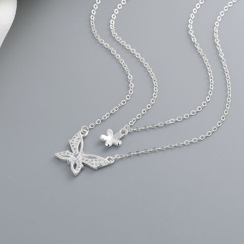 Fashionable Animals Womens Cubic Zirconia Chain Butterfly Flower Double Layer 925 Sterling Silver Pendant Necklace For