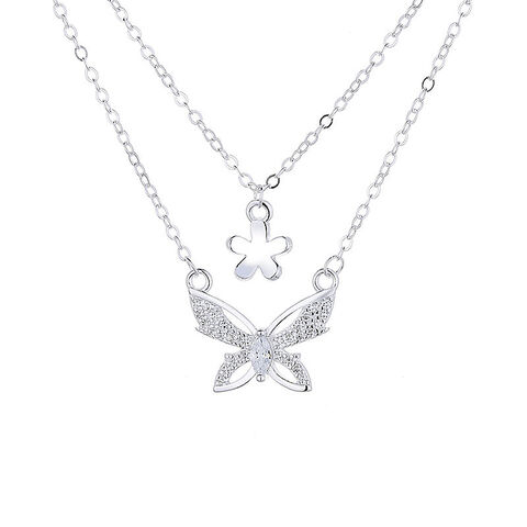 Fashionable Animals Womens Cubic Zirconia Chain Butterfly Flower Double Layer 925 Sterling Silver Pendant Necklace For