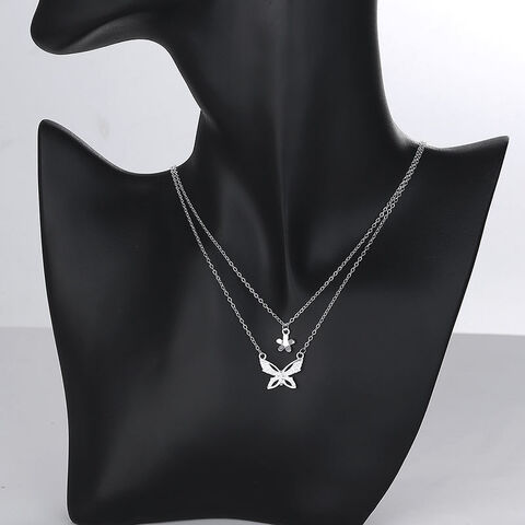 Fashionable Animals Womens Cubic Zirconia Chain Butterfly Flower Double Layer 925 Sterling Silver Pendant Necklace For