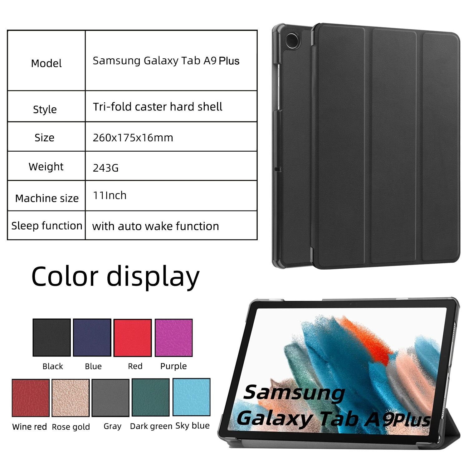 For Samsung Galaxy Tab A9 Plus 3-folding Leather Smart Tablet Case