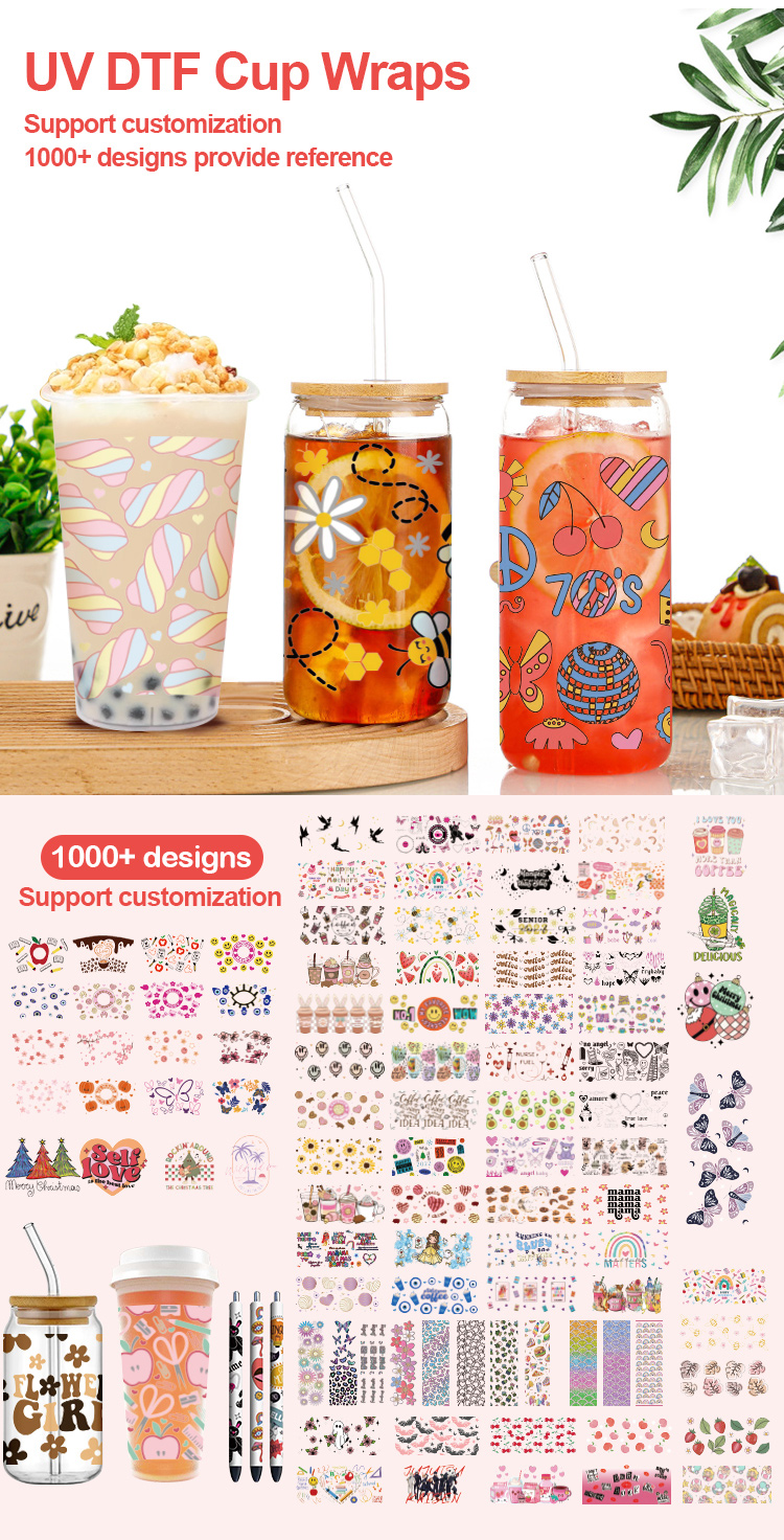 Anti scratch waterproof Custom design UV DTF Cup labels Wrap film Transfer  Stickers for Glass Tumbler