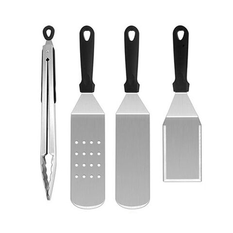 Ensemble de spatule et grattoir en métal - Kit d'accessoires pour plaque chauffante - Pinces de grill, spatule plate, retourneur de crêpes, turner à hamburger, ustensile en métal