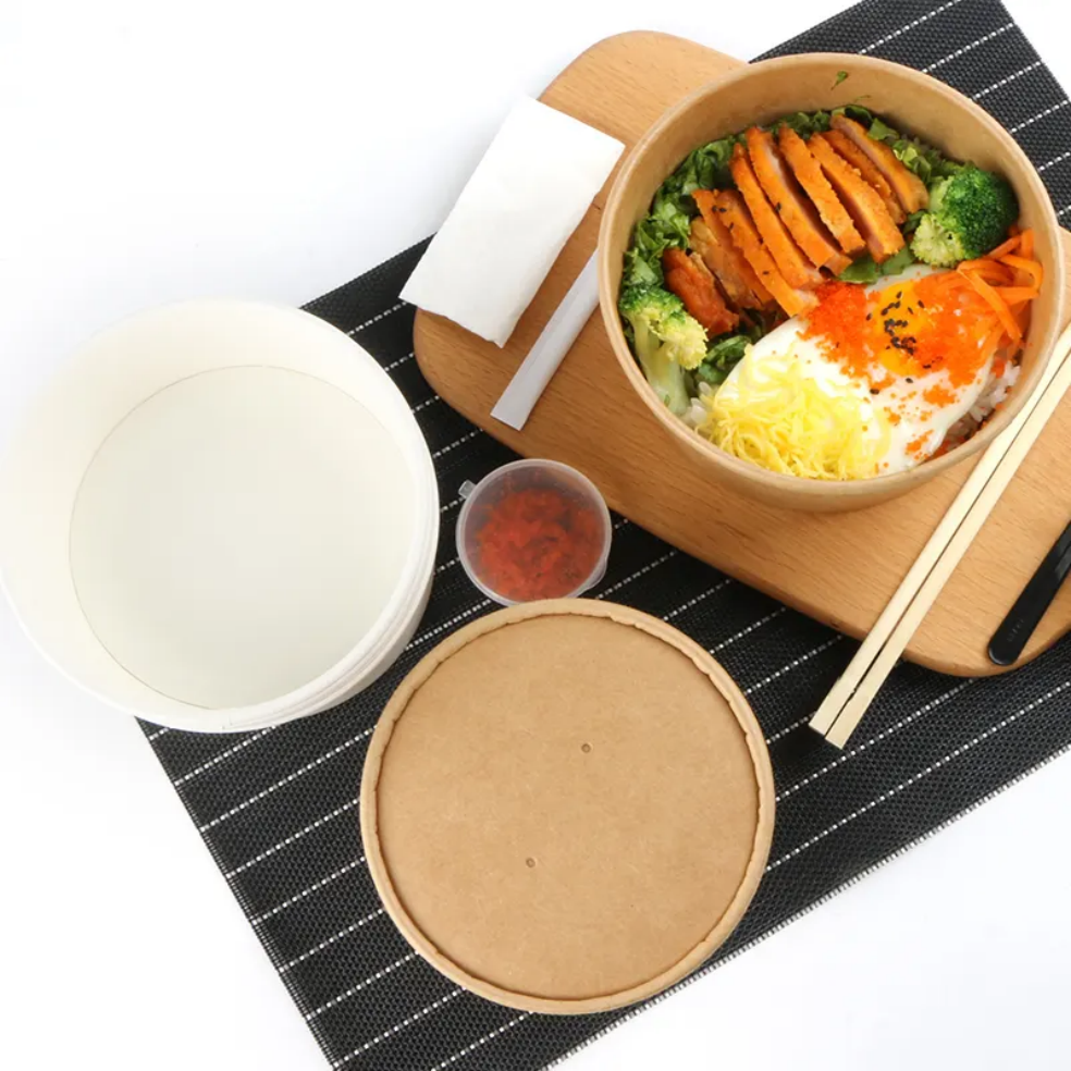Disposable Take Away Kraft Paper Salad Bowl With Pet/pp/pla Lid 35oz ...