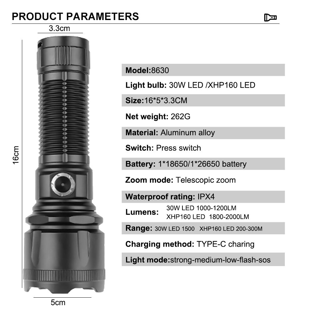 8630 White Laser Flashlight Xhp160 2000lm Rechargeable Led Torches ...