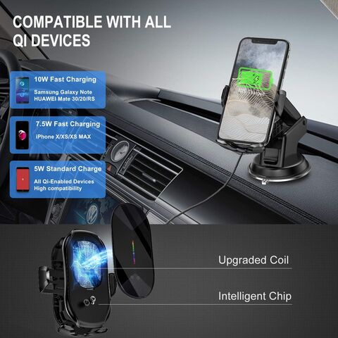 Chargeur de voiture sans fil, support de téléphone à fixation automatique à  serrage rapide Qi 15