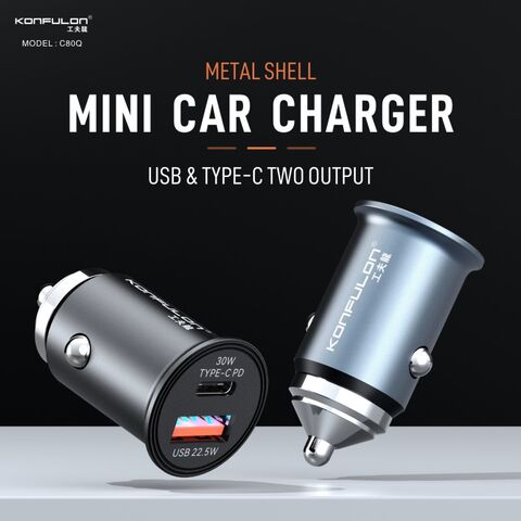 Mini chargeur de voiture Konfulon PD 30W + QC 22.5W double ports adaptateur de voiture super compatibilité