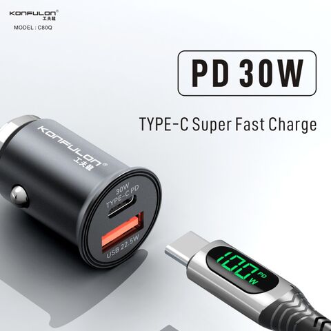 Mini chargeur de voiture Konfulon PD 30W + QC 22.5W double ports adaptateur de voiture super compatibilité