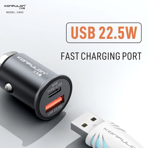 Mini chargeur de voiture Konfulon PD 30W + QC 22.5W double ports adaptateur de voiture super compatibilité
