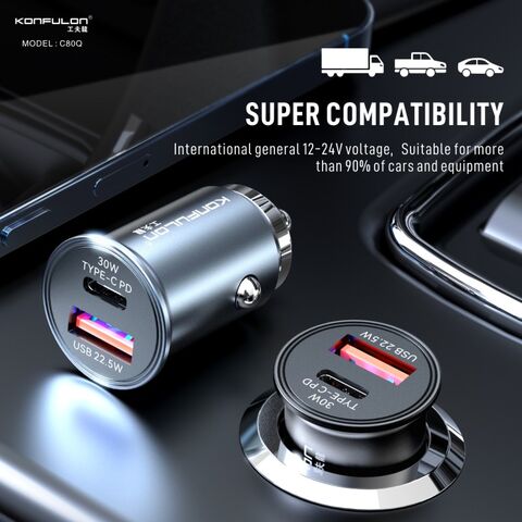 Mini chargeur de voiture Konfulon PD 30W + QC 22.5W double ports adaptateur de voiture super compatibilité