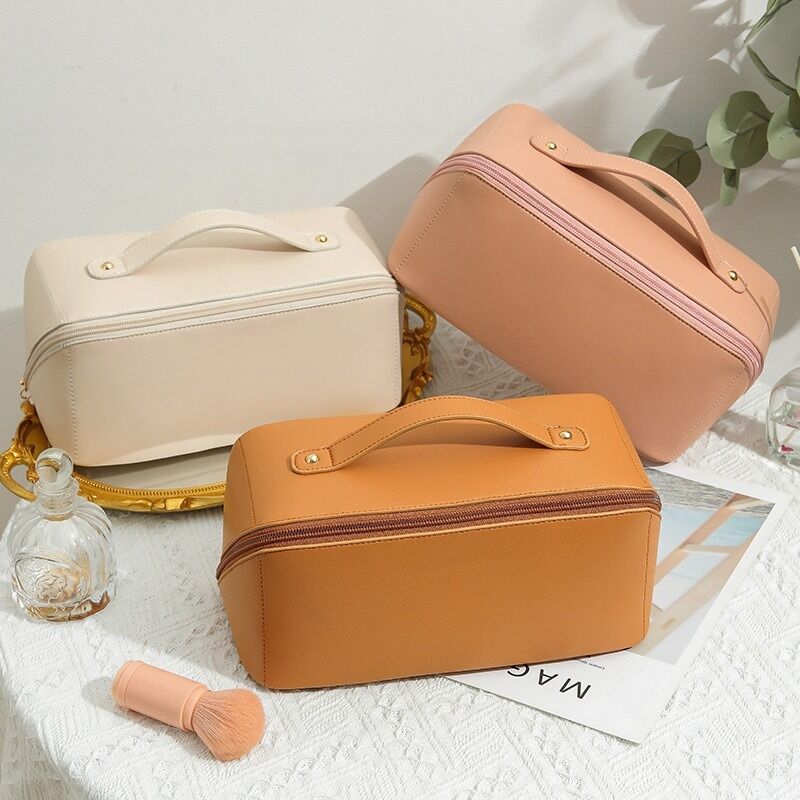 Makeup Bag - Large Capacity Travel Cosmetic Bag for Women, Multifunctional  Open Flat Toiletry Bag with Handle, Washable Waterproof Beauty Zipper
