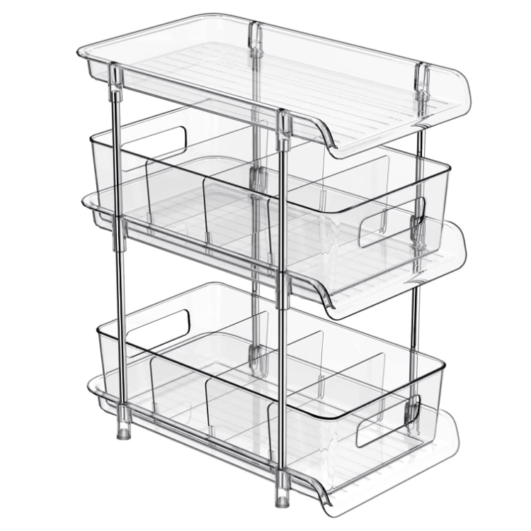2 Tier Bathroom Organizer with Dividers,Clear Under Sink 2 Set, Clear