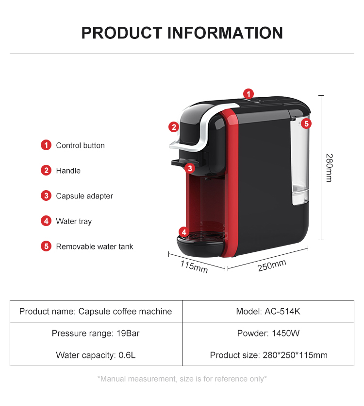 China 0.6L Removable Capsule Coffee Machine AC-514K Manufacture