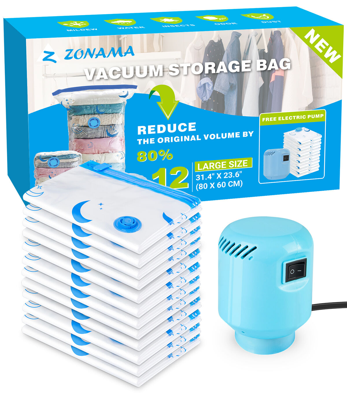 12Pack Jumbo Vacuum Storage Bags with Hand Pump,Cap-free Air Valve